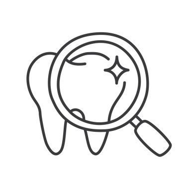 Beyaz arkaplanda izole edilmiş düz stil tasarım vektör illüstrasyonlu büyüteç ana hatlı dişler.