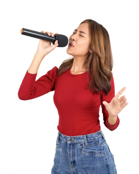 Mujer Asiática Joven Camiseta Roja Manga Larga Cantando Con Micrófono — Foto de Stock