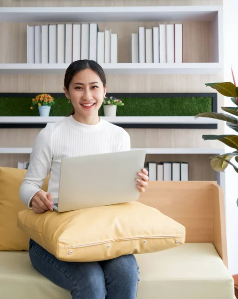 Young Woman Wore Comfortable Clothes Use Laptop Computer Sofa Asian — Stock Photo, Image