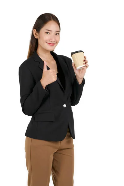 Jovens Mulheres Asiáticas Terno Preto Com Sorriso Levantou Dedo Polegar — Fotografia de Stock
