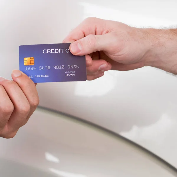 Gas Station Staff Receive Blue Credit Card Car Owner Hand — Stock Photo, Image