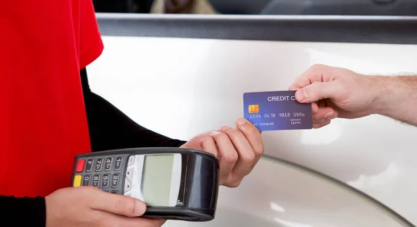 Gas Station Staff Red Uniform Receive Blue Credit Card Mock — Stock Photo, Image