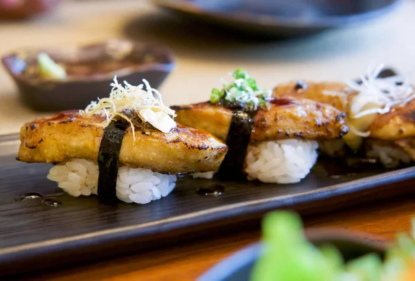 Foie Gras Set Chef Recomendado Sushi Foie Gras Parrilla Servido — Foto de Stock