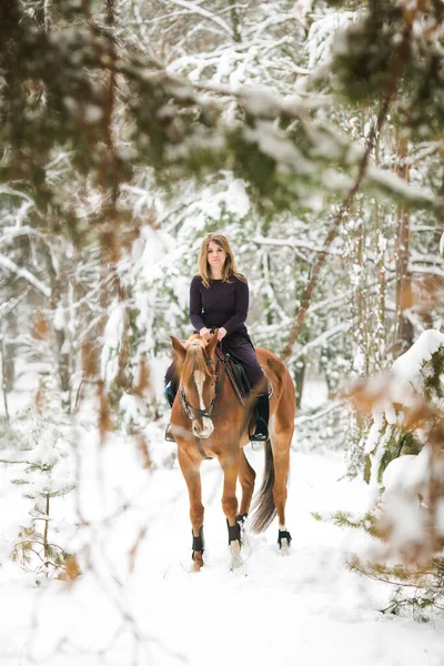 Uma jovem em um vestido cavalga através de uma floresta nevada em um cavalo. — Fotografia de Stock