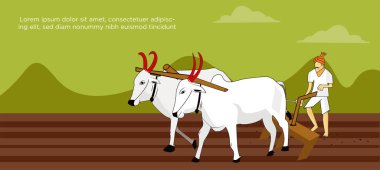 Farmer plouging the field with two cattle clipart