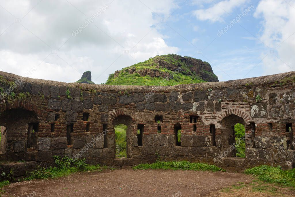 Inside view of old ruined protection wall of Dhodap fort, Nashik, Maharashtra, India. Second highest fort in the Sahyadri mountains 