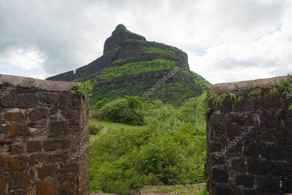 Inside view of old ruin protection wall and top view of Dhodap fort, Nashik, Maharashtra, India.