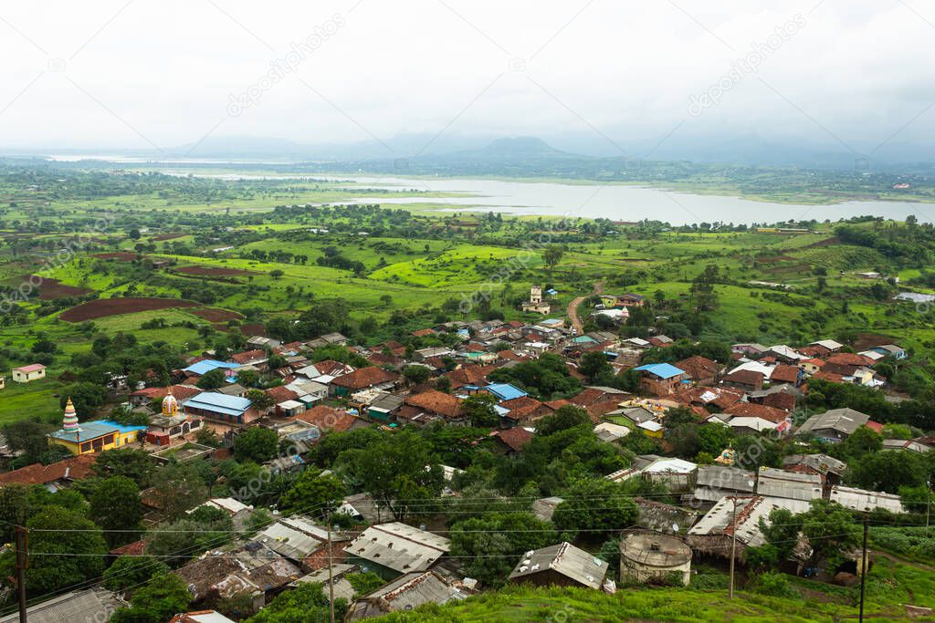 Kavnaai village from Kavnai Fort Nashik, Maharashtra, India. Fort was built by Moghuls. It was ceded to Peshvas by Nizam under the terms of the treaty after the Battle of Udgir 1760. 