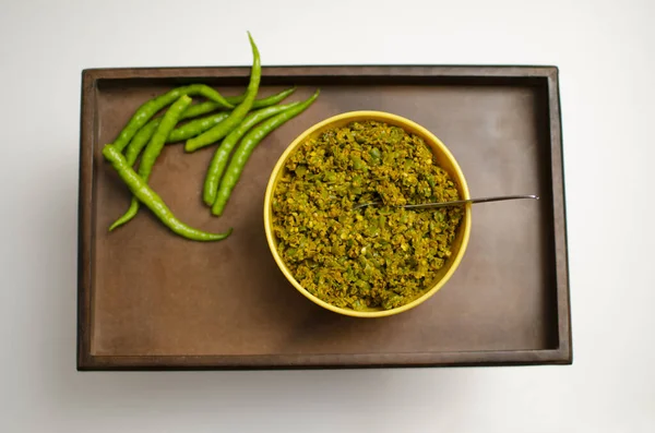 Raw Green Chilli Pickle Mirchi Achar Placed Wooden Tray Top — Stock Photo, Image