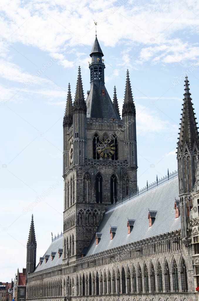 Beautiful view of the large cloth hall, a medieval commercial building, Ypres, Belgium, Europe