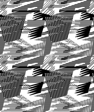 Soyut, dikişsiz geometrik desen. Siyah beyaz desenli, siyah benekli sıkıntılı bir arka plan. Yaratıcı çizgiler beyaz ve siyah renkli duvar kağıtları. Moda ve spor kıyafetleri için tekrarlanan arkaplan.