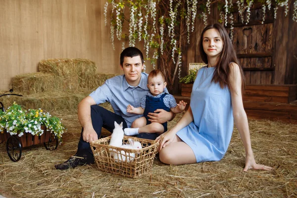 Família na aldeia, com coelhos nos braços. Um rapazinho com a mãe e o pai. coelhos brancos — Fotografia de Stock