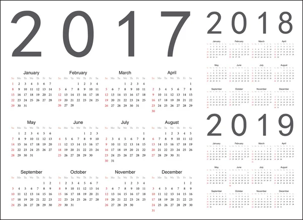 Set of european 2017, 2018, 2019 year vector calendars — Stock Vector