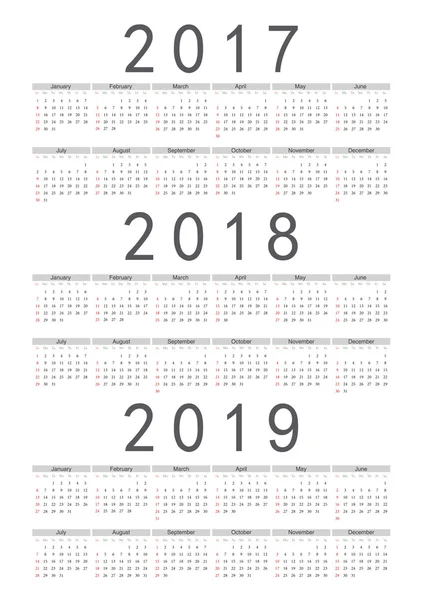 Set of rectangle European 2017, 2018, 2019 year vector calendars — Stock Vector