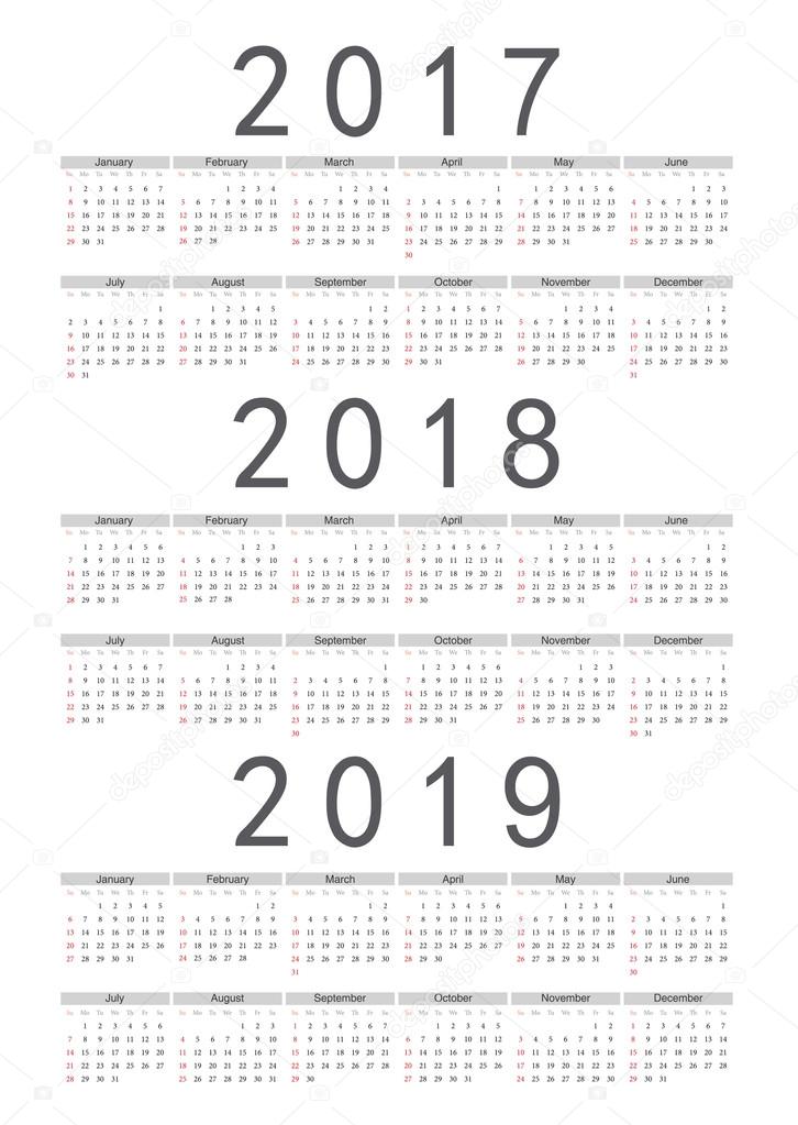 Set of rectangle European 2017, 2018, 2019 year vector calendars