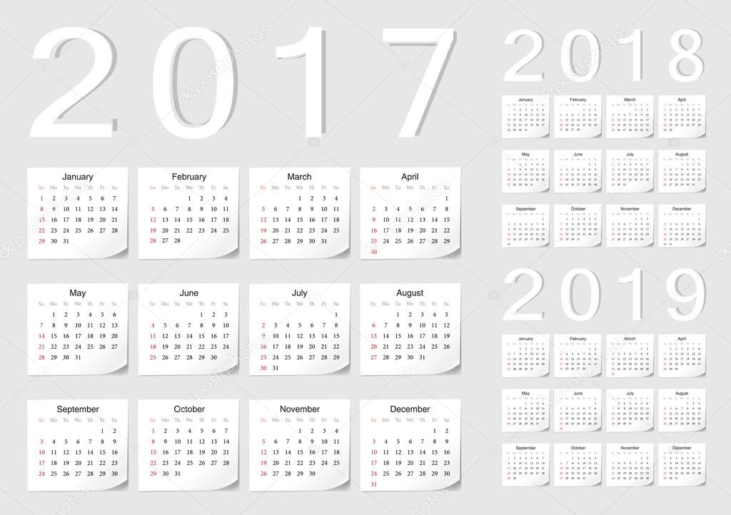 Set of European 2017, 2018, 2019 vector calendars