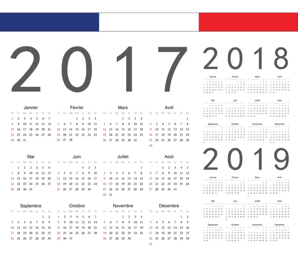 Set of french 2017, 2018, 2019 year vector calendars — Stock Vector