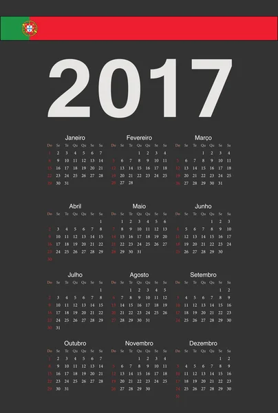 Portugués negro 2017 año vector calendario — Vector de stock