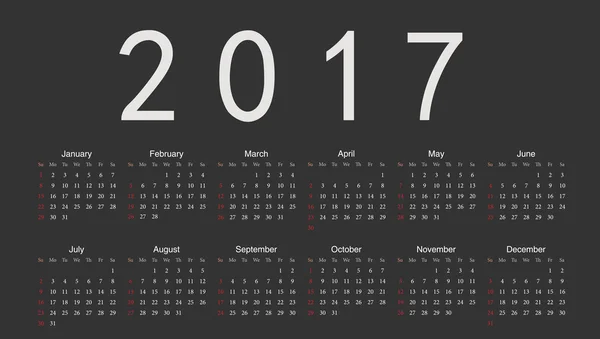 Europese zwarte 2017 vector jaarkalender — Stockvector