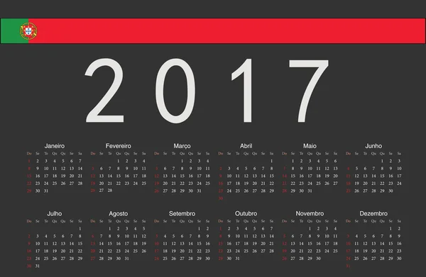 Portugués negro 2017 año vector calendario — Vector de stock