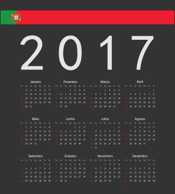 Kare siyah Portekizce 2017 yılı vektör takvimi