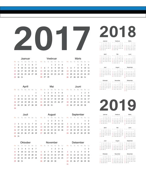 Conjunto de calendários vetoriais estonianos 2017, 2018, 2019 ano — Vetor de Stock