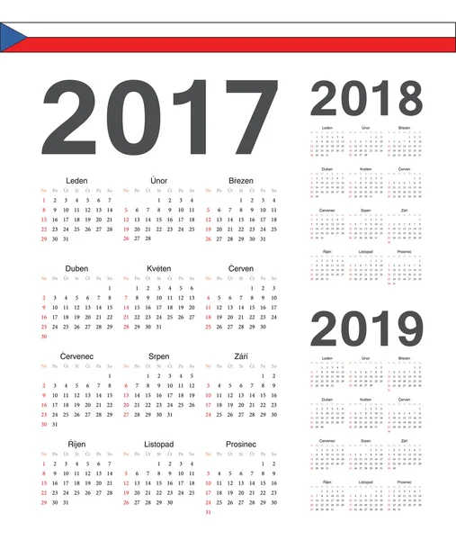 Uppsättning av tjeckiska 2017 2018, 2019 år vektor kalendrar — Stock vektor
