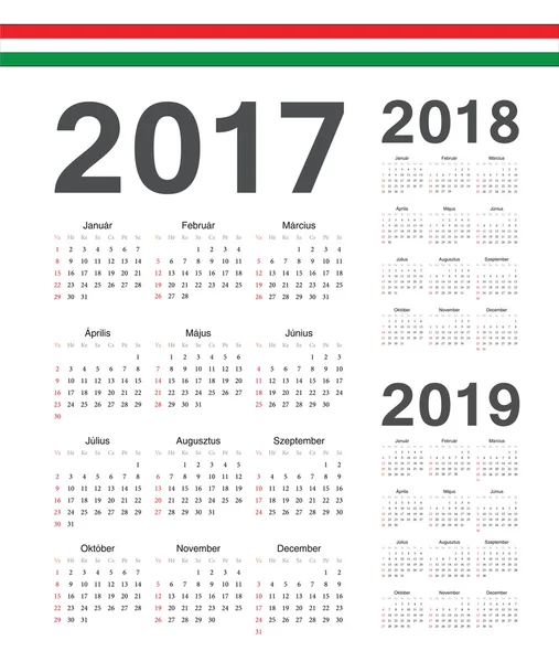 Conjunto de calendários vetoriais húngaros 2017, 2018, 2019 ano — Vetor de Stock