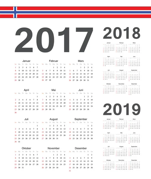 Set of Norwegian 2017, 2018, 2019 year vector calendars — Stock Vector