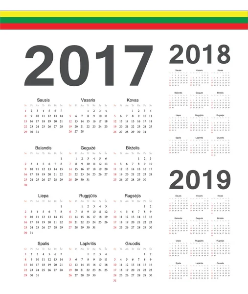 Набор векторных календарей литовских 2017, 2018, 2019 годов — стоковый вектор