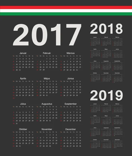 Set de calendarios vectoriales negros húngaros 2017, 2018, 2019 — Archivo Imágenes Vectoriales