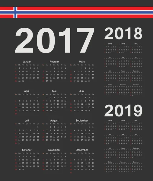 Schwarze norwegische Jahresvektorkalender 2017, 2018, 2019 — Stockvektor