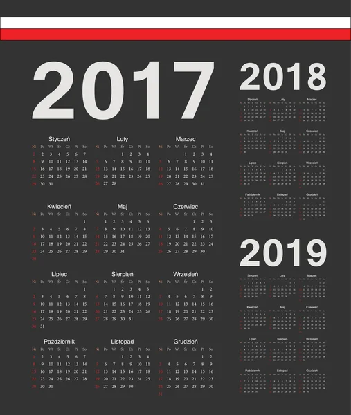 一連のポーランド 2017 年 2018 年 2019 年ベクトル カレンダー — ストックベクタ