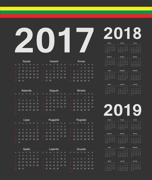 Conjunto de preto lituano 2017, 2018, 2019 ano calendários vetoriais —  Vetores de Stock