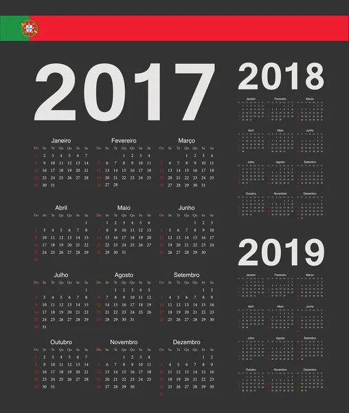 Set de calendario vectorial negro portugués 2017, 2018, 2019 — Archivo Imágenes Vectoriales