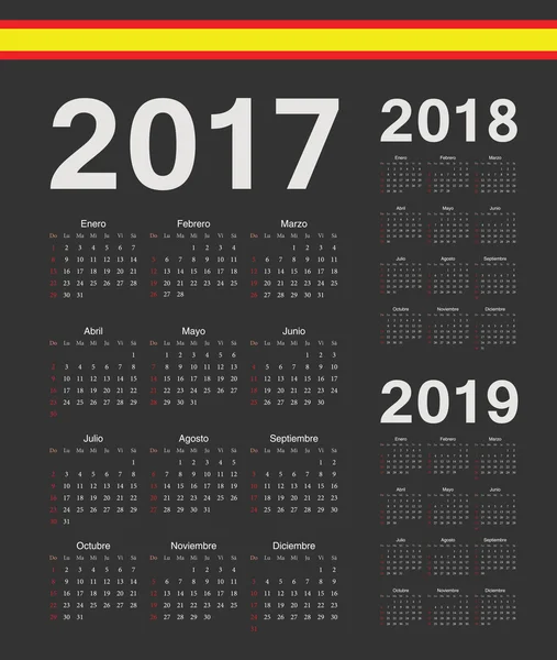 Spanischer Jahresvektorkalender 2017, 2018, 2019 — Stockvektor
