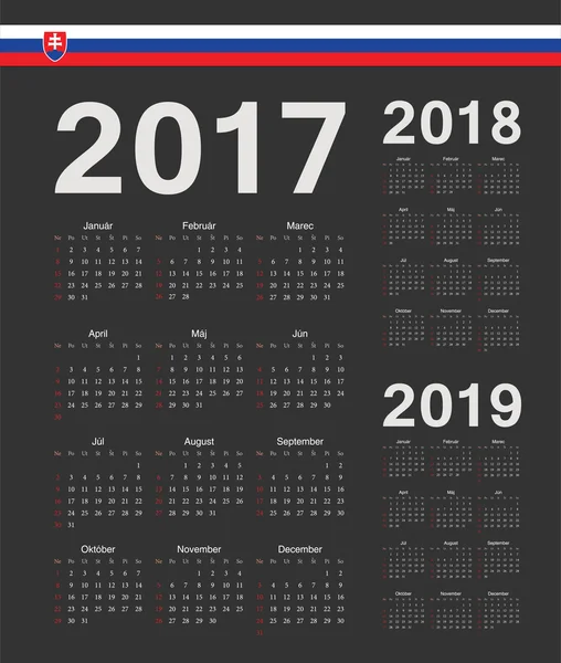 Set de calendario vectorial negro eslovaco 2017, 2018, 2019 — Vector de stock
