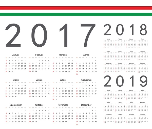 Set di calendari vettoriali annuali ungheresi 2017, 2018, 2019 — Vettoriale Stock