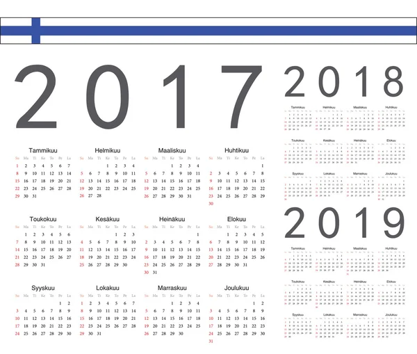 Set di calendari vettoriali anno finlandese 2017, 2018, 2019 — Vettoriale Stock