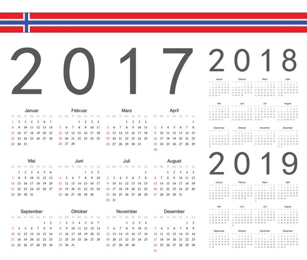 Conjunto de calendários vetoriais noruegueses 2017, 2018, 2019 ano — Vetor de Stock