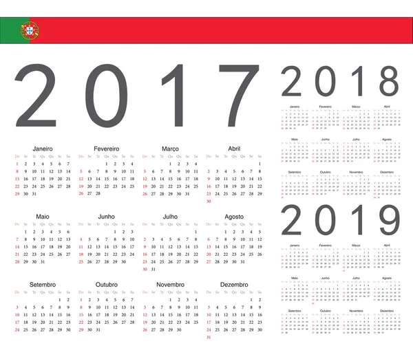 Set di calendari vettoriali anno portoghese 2017, 2018, 2019 — Vettoriale Stock