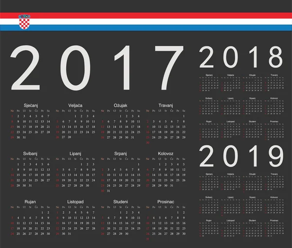 Set of black Croatian 2017, 2018, 2019 year vector calendars — Stock Vector