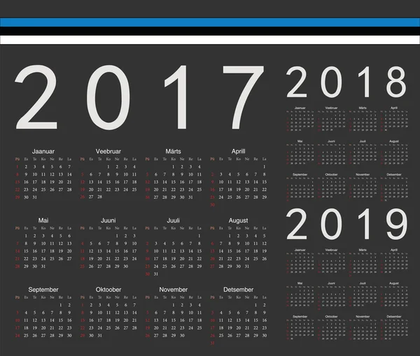 Set de calendarios vectoriales negros estonios 2017, 2018, 2019 — Vector de stock