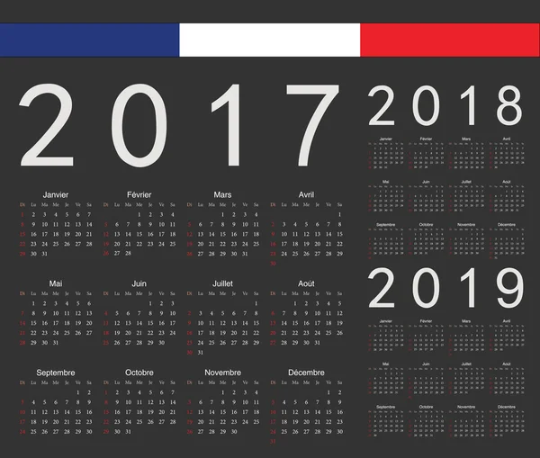 Set di calendari vettoriali anno nero francese 2017, 2018, 2019 — Vettoriale Stock