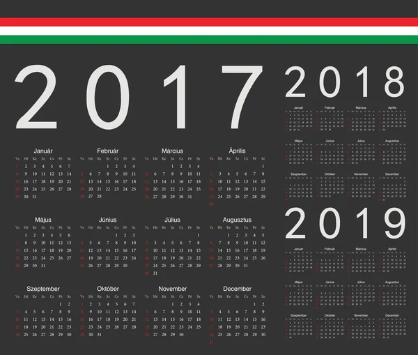 组的黑色匈牙利 2017 年，2018 年，2019 年矢量日历 — 图库矢量图片