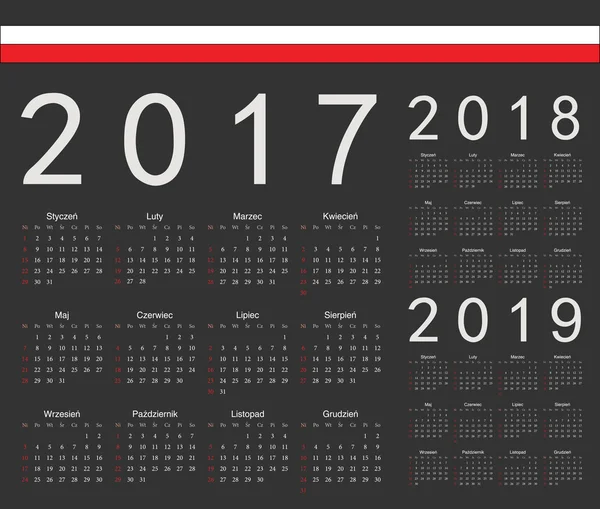 Sada černých polské 2017, 2018, 2019 rok vektor kalendáře — Stockový vektor