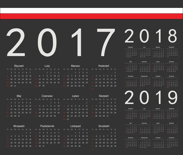 Conjunto de preto polonês 2017, 2018, 2019 ano calendários vetoriais —  Vetores de Stock