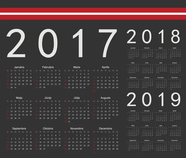 Set de calendarios vectoriales negros letones 2017, 2018, 2019 — Vector de stock