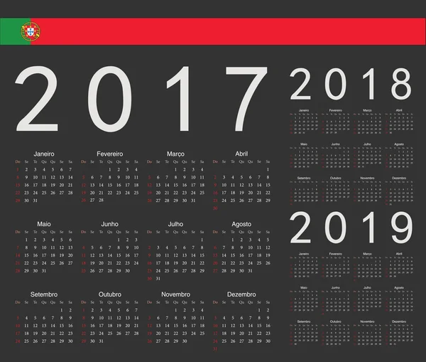 Ensemble de calendriers vectoriels portugais 2017, 2018, 2019 année — Image vectorielle