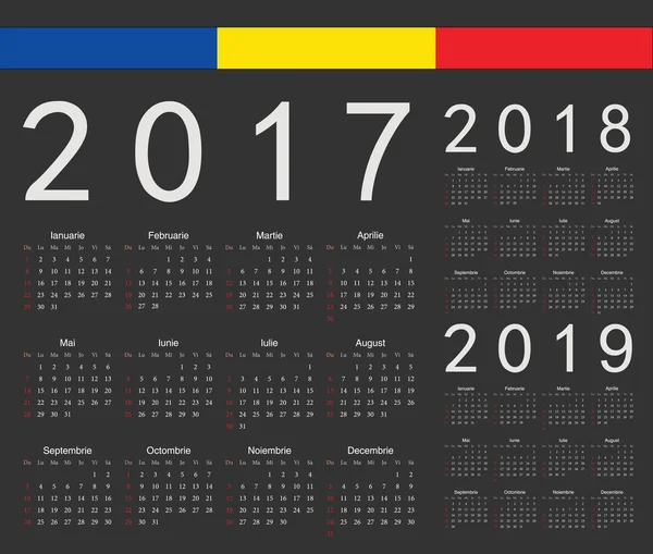 Ensemble de calendriers vectoriels roumains noirs 2017, 2018, 2019 — Image vectorielle